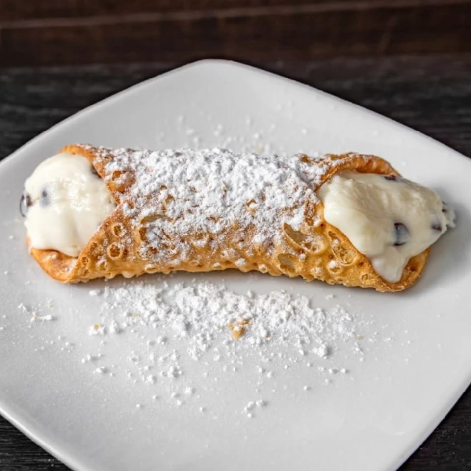 A single cannoli, filled with creamy white ricotta and chocolate chips, dusted with powdered sugar.